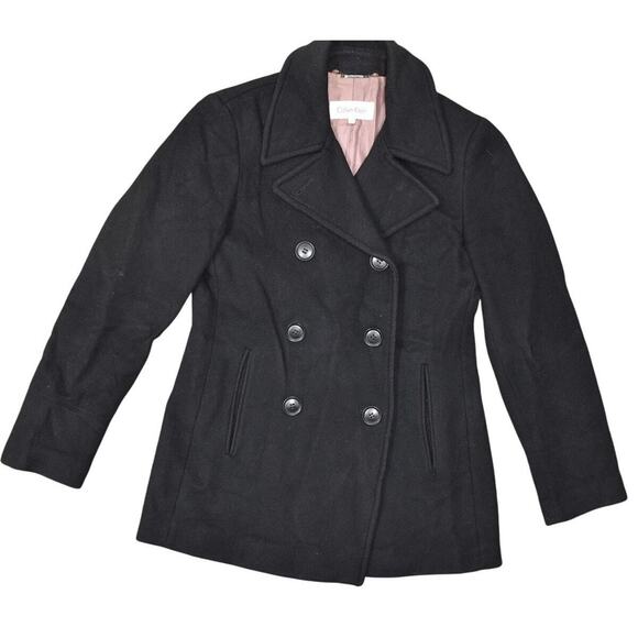Calvin Klein Women Black Wool Button Pea Coat - Size 2 Solid Long Sleeve Pockets - Picture 1 of 8